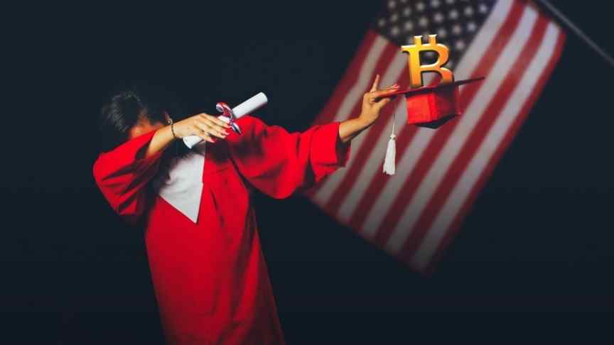 Bitstudent in red cape holding scroll and red graduation hat with Bitcoin inside it, on black background and American flag