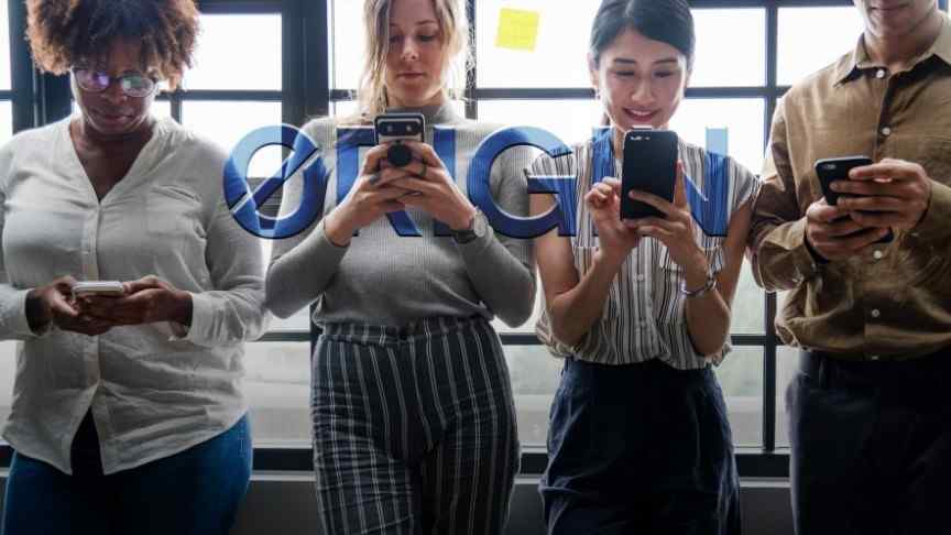 3 women and one man standing in a row holding phones with both hands, Origin logo in blue