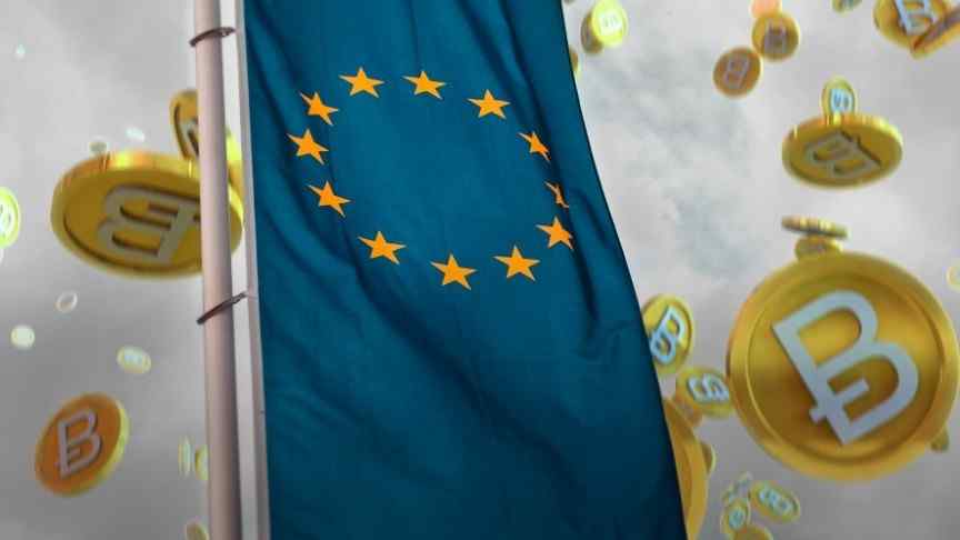 EU flag on pole, grey clouds and bitcoins flying in the background