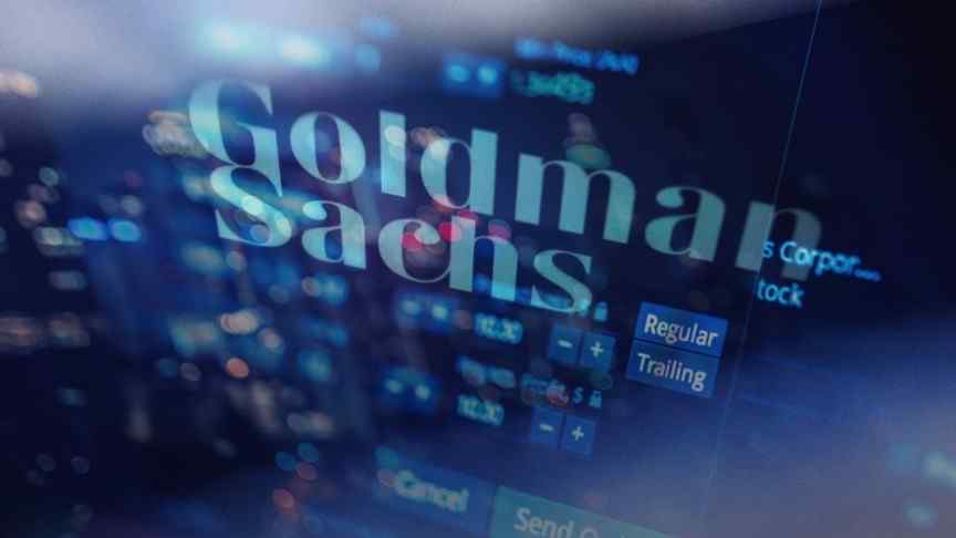 Goldman Sachs name in blue on background of screen