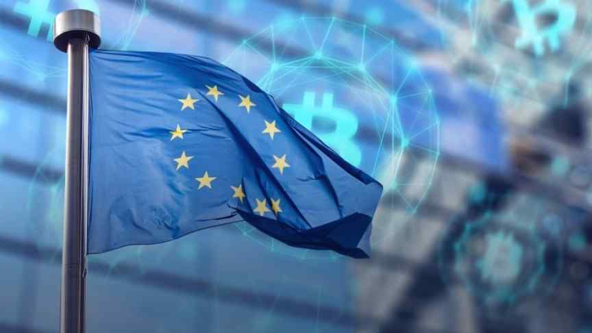 -EU flag waving on background of cryptocurrency logo in blue