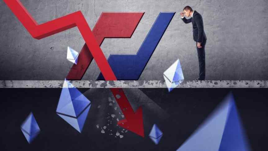 man standing over red graph pointing down, ethereum logos floating around, bitmex logo