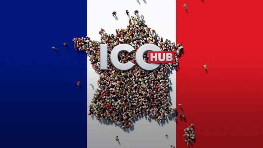 a crowd of people standing on the French flag, ICO Hub written in white and red