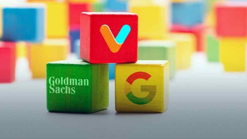 Veem, Google and Goldman Sachs logos on green yellow and red building blocks