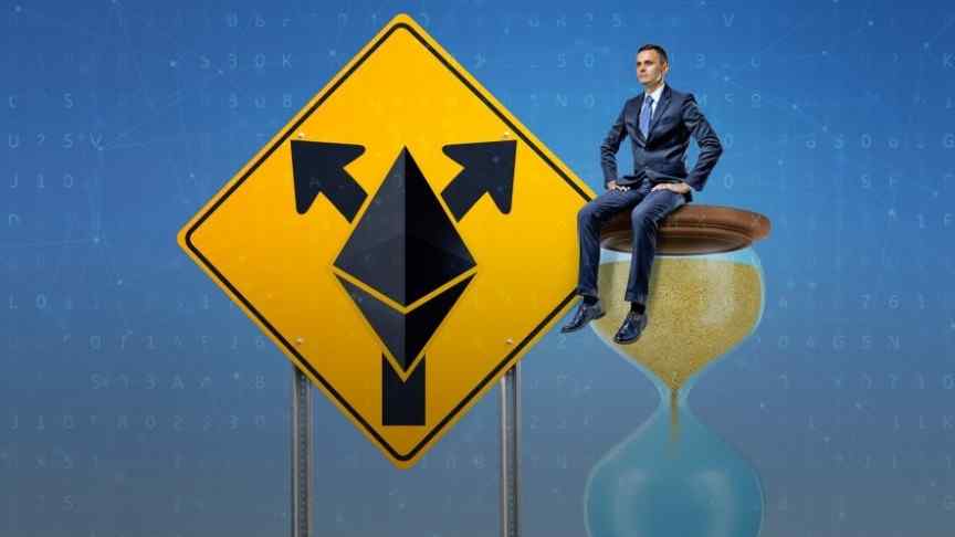 man in suit sitting on an hourglass, big road sign pointing right and left, Ethereum logo