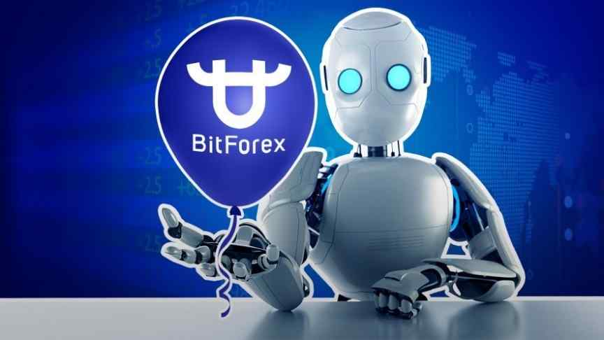 silver robot with blue eyes sitting at grey table, holding purple balloon that says BitForex with logo