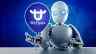 silver robot with blue eyes sitting at grey table, holding purple balloon that says BitForex with logo