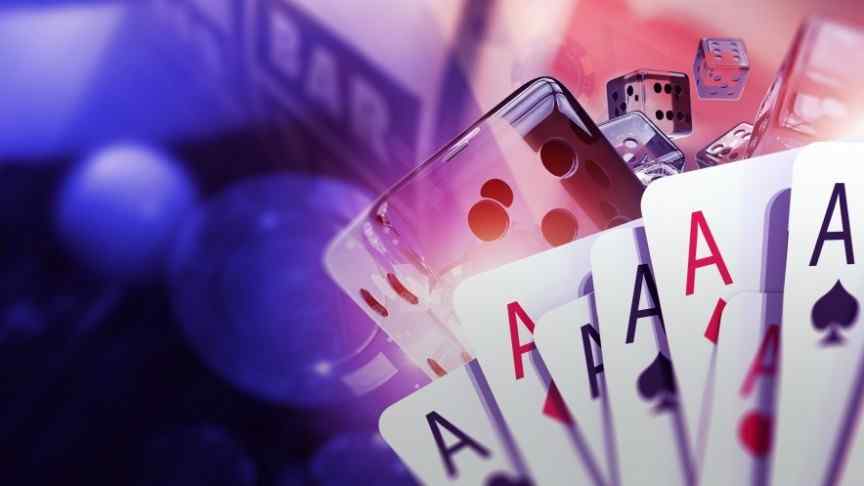 7 ace cards on blurry blue-pink background, see-through dice