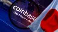 Coinbase name in magnifying glass, behind Japanese flag