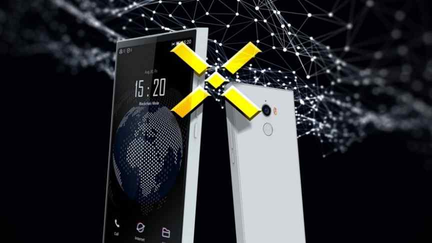 Pundi X logo, two smartphones, one showing globe and time, black background