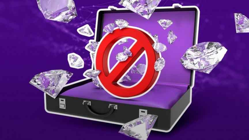 .an open suitcase, purple inside, no entrance sign, diamonds popping out