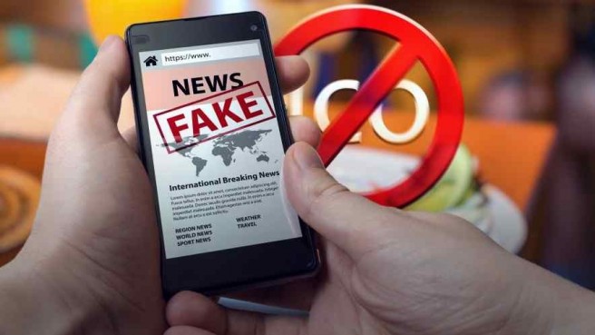 hands holding smartphone showing NEWS FAKE site