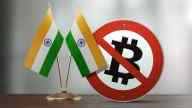 india flags on toothpicks, Bitcoin logo inside no entry sign, on table