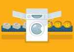 Illustration of a washing machine with dollars and bitcoins by sides