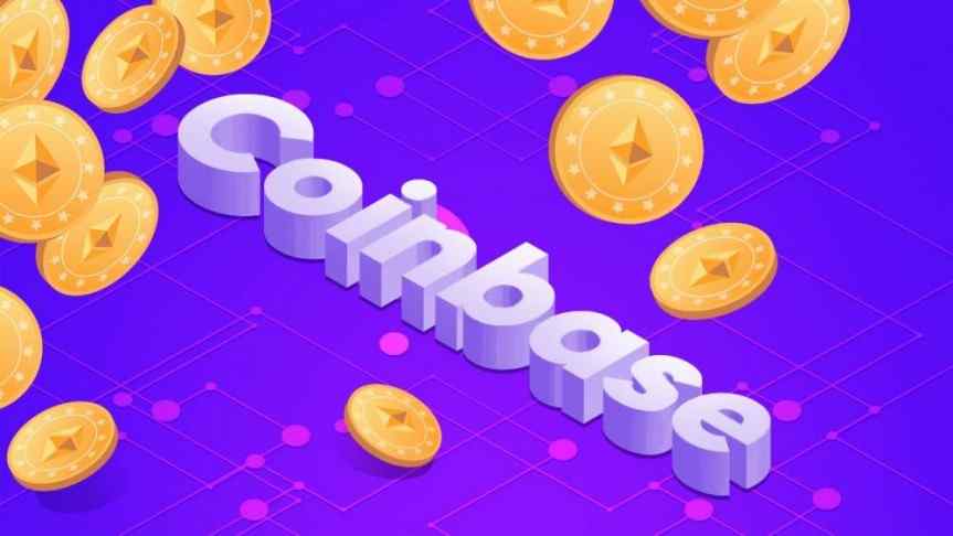 Illustration of Coinbase logo on a purple background and a couple of Ethereum coins