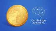 Cambridge Analytica logo next to a coin with stamped question mark