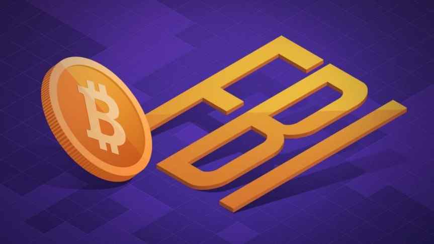 FBI logo and a Bitcoin on a purple background