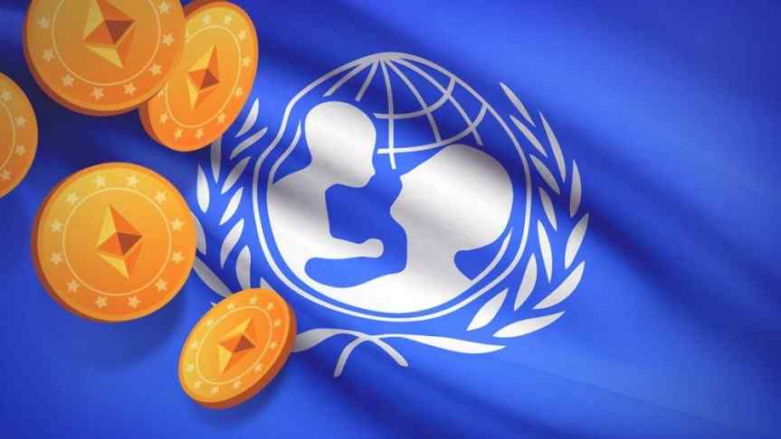 Illustration of Unicef flag a couple of Ethereum coins