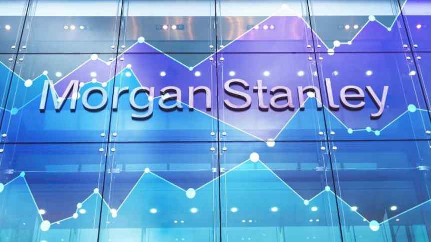 Morgan Stanley written in 3D on a squared glass wall and performance graphs overlaid.