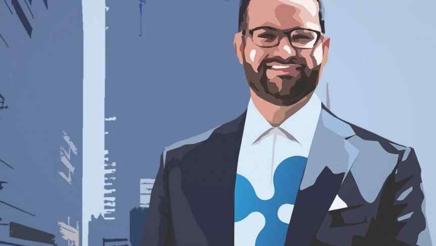 Artistic design of Ryan Zagone wearing a suit and a shirt with Ripple logo