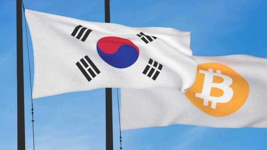 South Korean Flag waving in the wind next to a white flag with Bitcoin logo on it