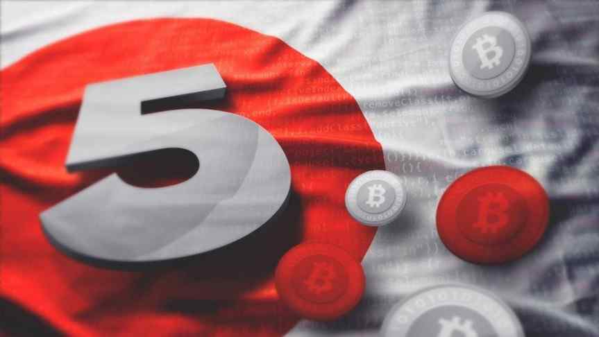 3D model of number 5 next to Bitcoin logos colored red or grey