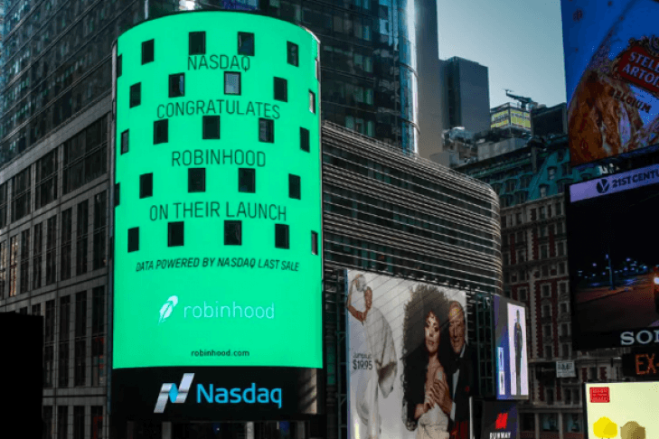 Picture of a Time Square led banner displaying NASDAQ congratulations for Robinhood on their launch