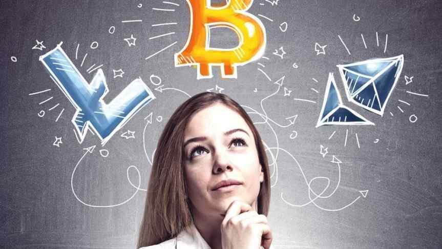 Woman thinking to a variety of cryptocurrencies