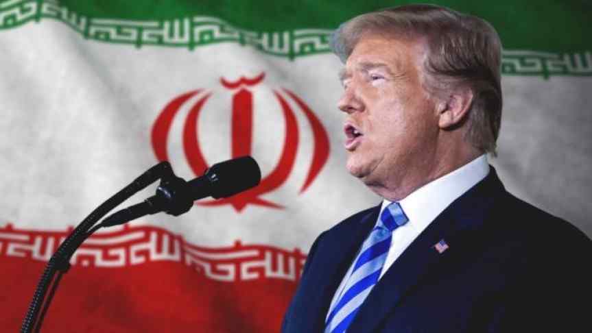 Image of Donald Trump giving a speech; Iranian Flag on background.