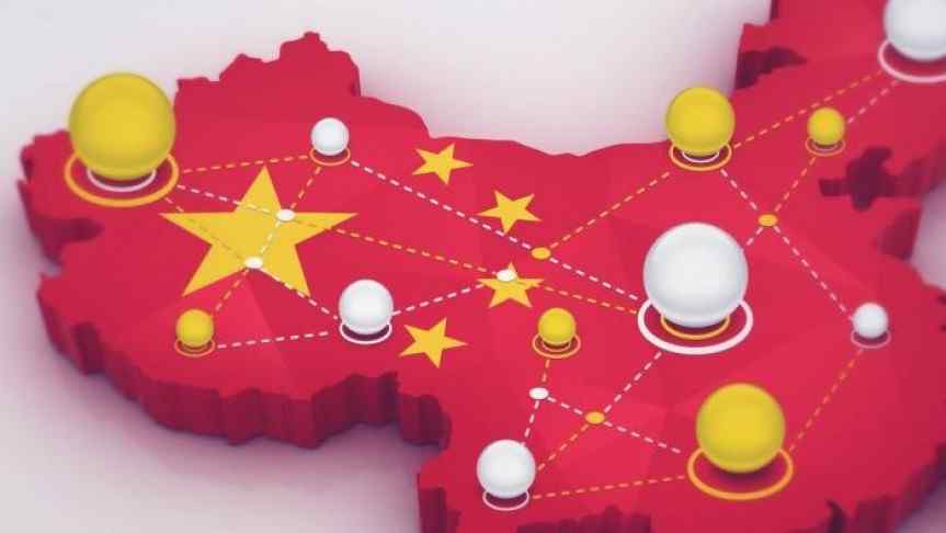 Red illustration of China territory covered with yellow and white blockchain nodes