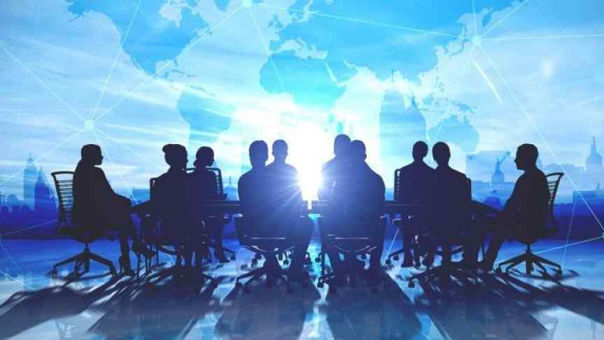 illustration of ten people having a business meeting in the light of the Sun