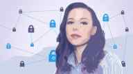 Amber Baldet and a blockchain illustration with locks instead of nodes