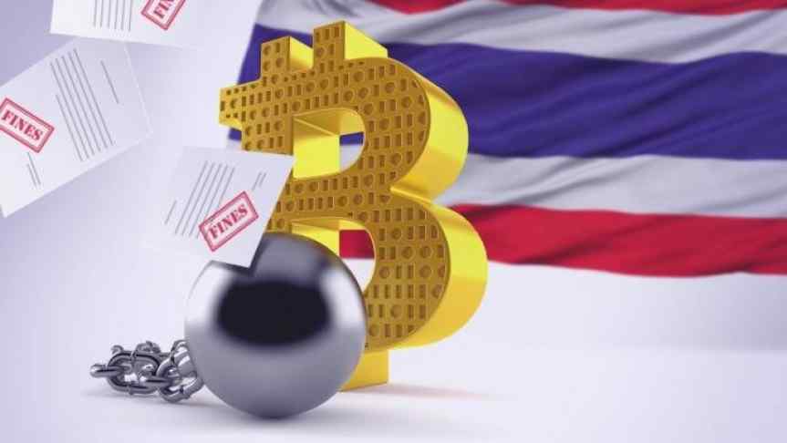 Bitcoin symbol over the national flag of Thailand and a couple of fines falling on a chain ball