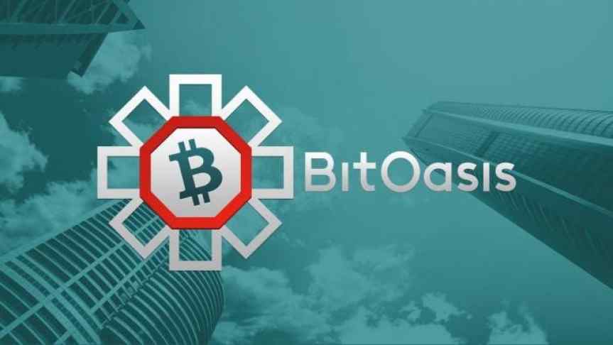 BitOasis and Bitcoin logo in front of a skyscrapers background