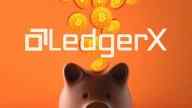 LedgerX logo and a graphic illustration of Bitcoin coins being inserted into a savings pig.