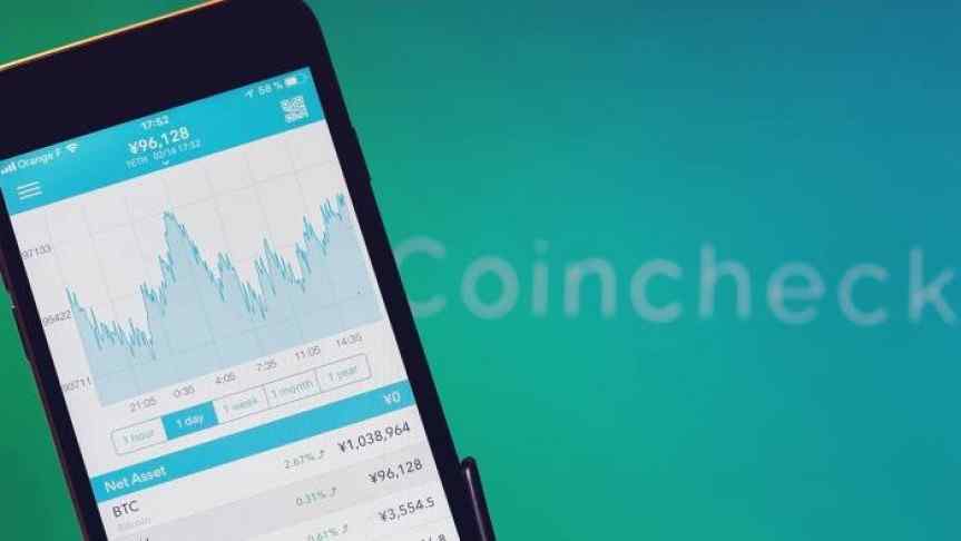 Crypto chart displayed on a phone screen in front of a blue and green background  branded with Coincheck