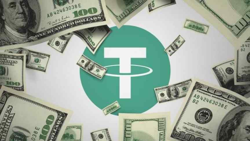 100 Dollar bills over Tether symbol