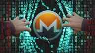 Monero logo being revealed from behind curtains made of 0 and 1 code chains 