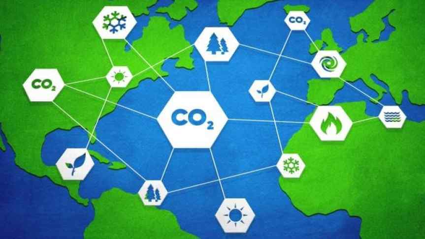 Blockchain illustration of climate elements showed as nodes and connecting the continents coloured in green