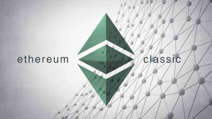 Green Ethereum Classic logo and a illustration of the blockchain