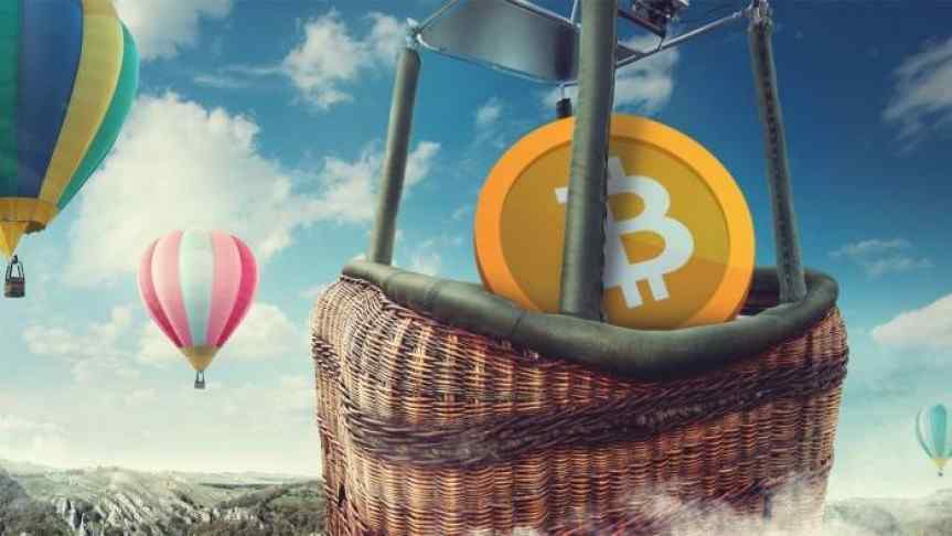 One Bitcoin in a hot air balloon