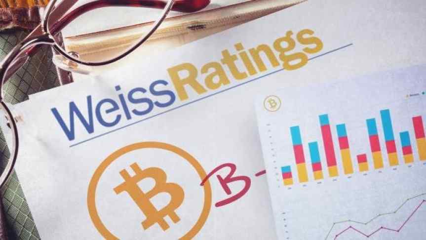 Weiss Ratings paper sheet showing the Bitcoin logo and a chart