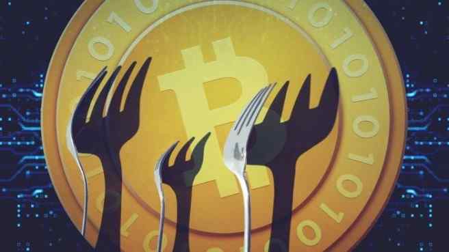 Illustration of three forks in front of a Bitcoin