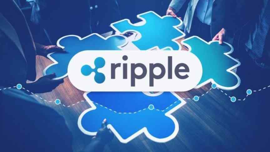 Illustrated image containing 4 people uniting pieces of puzzle and the Ripple logo in front