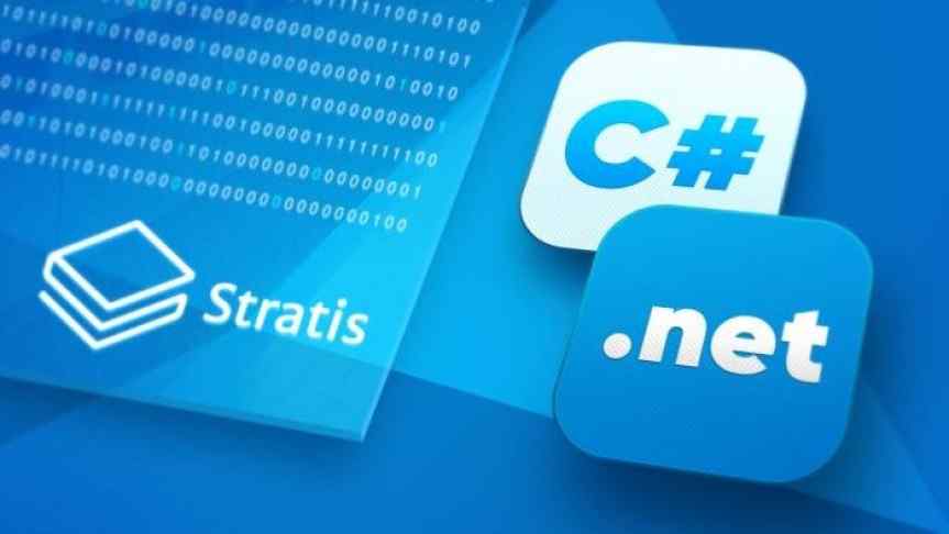 Illustration containing Stratis' C# Smart Contracts logo on a blue background