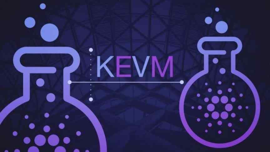 Illustration of two chemical tubes with the Cardano logo inside and the KEVM logo