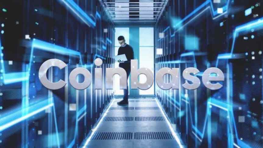 Man holding a laptop in a server room and the Coinbase logo in front of the image