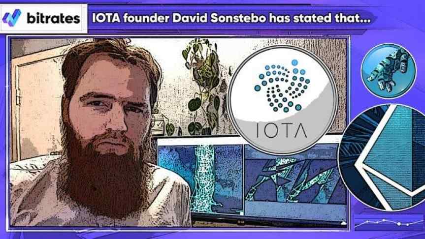 Illustration of IOTA founder David Sonstebo, IOTA logo and part of the Ethereum logo