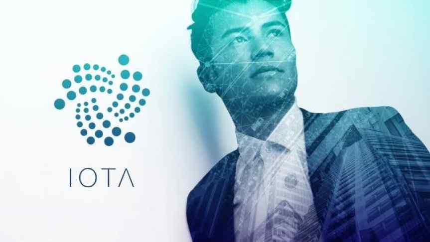 Illustration of IOTA Tangle on Qubic protocol and a cityscape overlaying the image of a businessman. IOTA logo