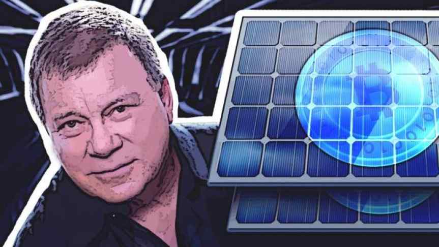 Illustration of William Shatner and two Bitcoin branded solar panels